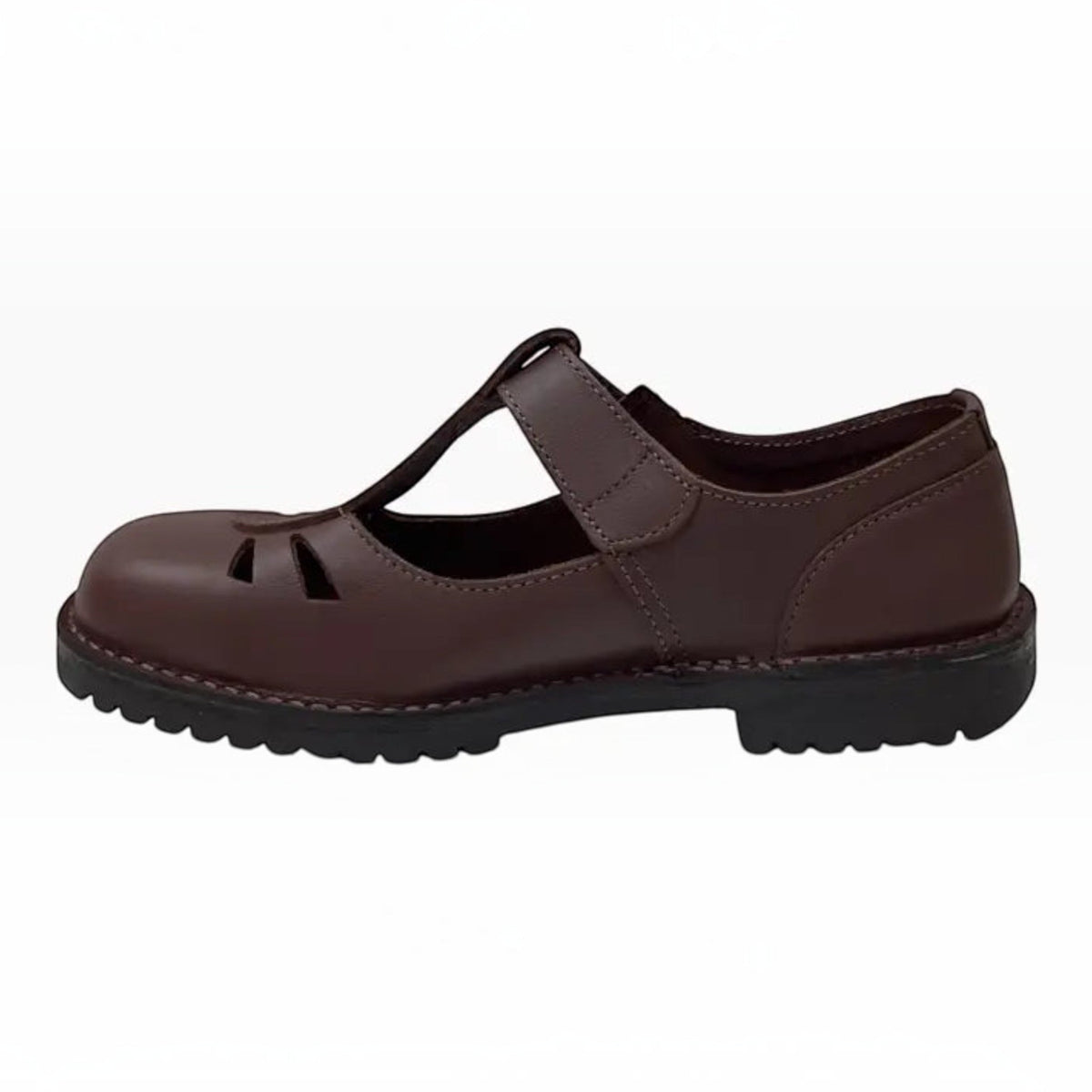 The Shoe Shop McKinlays Kristen brown leather T-bar school shoe with a durable PVC outsole and supportive heel counter.