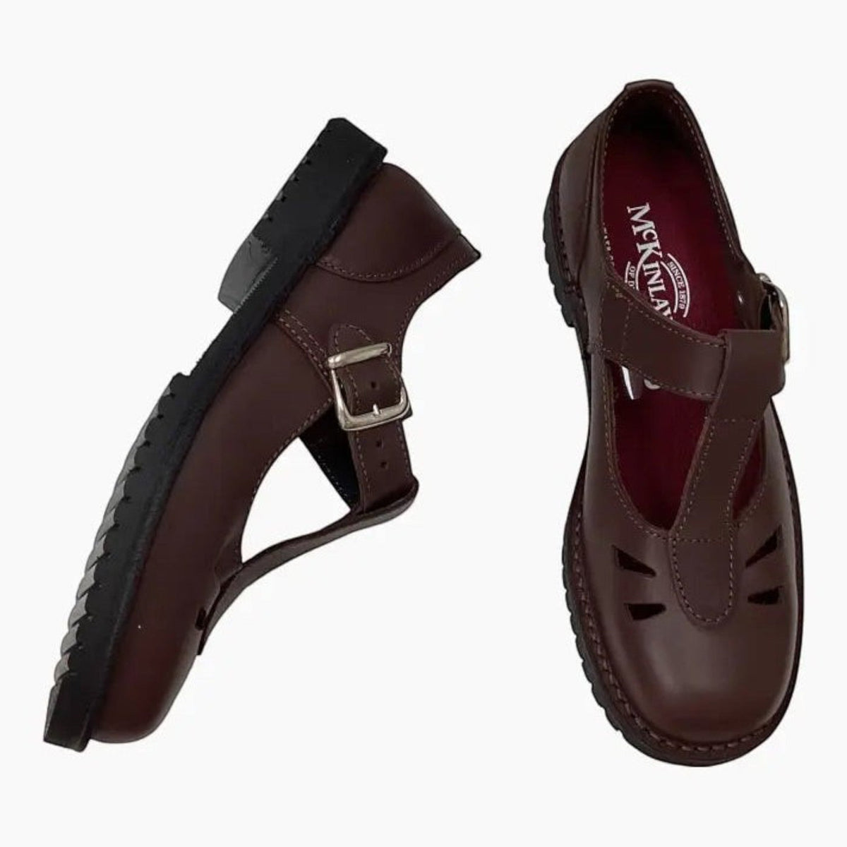 The Shoe Shop McKinlays Kristen brown leather T-bar school shoes with a durable outsole and buckle strap.