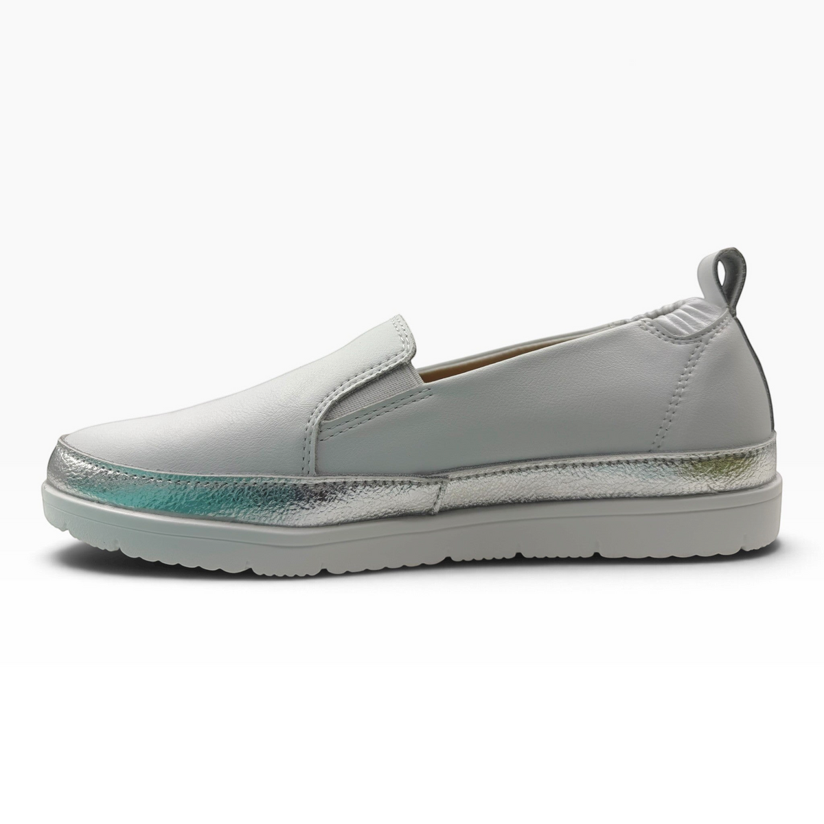 The Shoe Shop Melt slip-on shoe in light grey leather with a metallic silver trim and comfortable white rubber sole