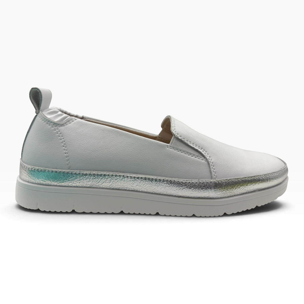 The Shoe Shop Melt slip-on sneaker in light grey with a metallic silver trim and white platform sole