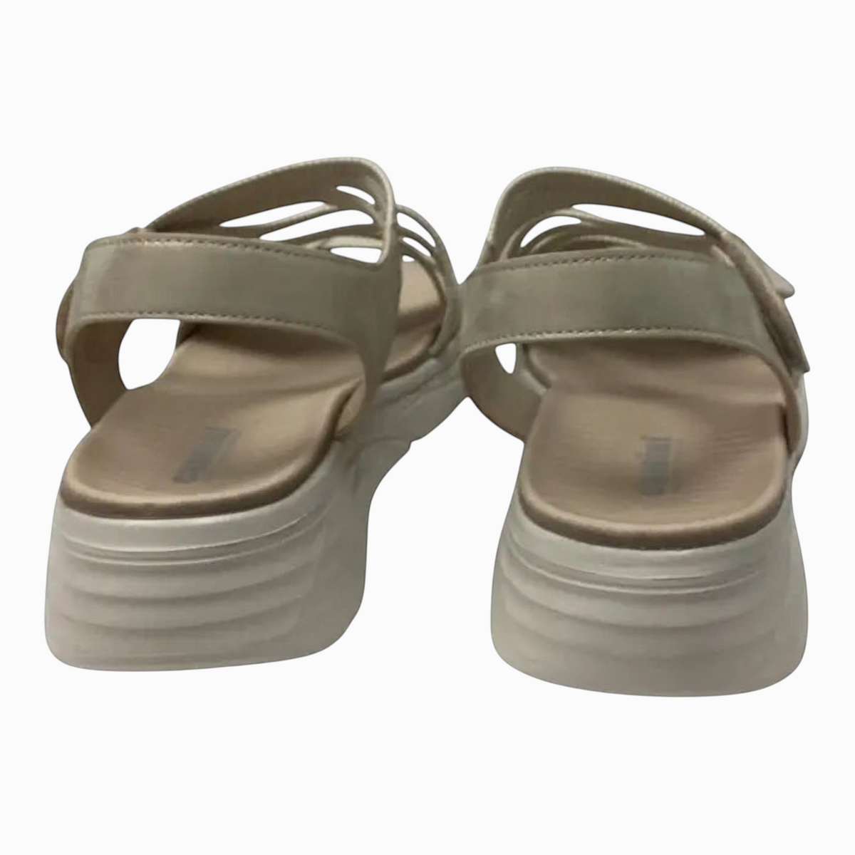 The Shoe Shop Menova beige synthetic sandals with elastic straps, Velcro fasteners, and a lightweight EVA sole.