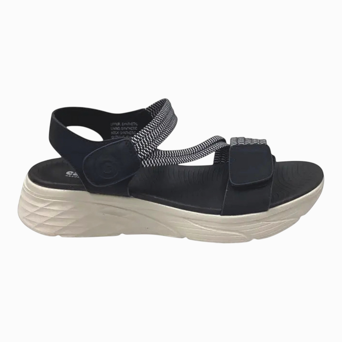 The Shoe Shop Menova black synthetic sandals with elastic straps, Velcro fasteners, and a white EVA moulded sole.