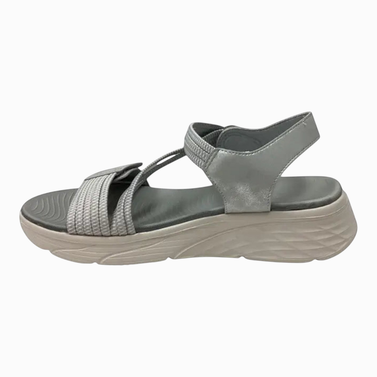 The Shoe Shop Menova grey synthetic sandal with elastic straps, Velcro fasteners, and a lightweight EVA sole.