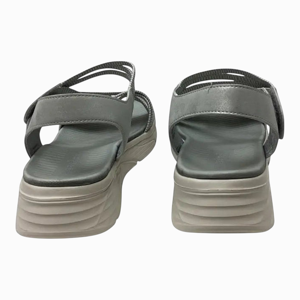 The Shoe Shop Menova grey synthetic sandals with elastic straps, Velcro fasteners, and a lightweight moulded sole.