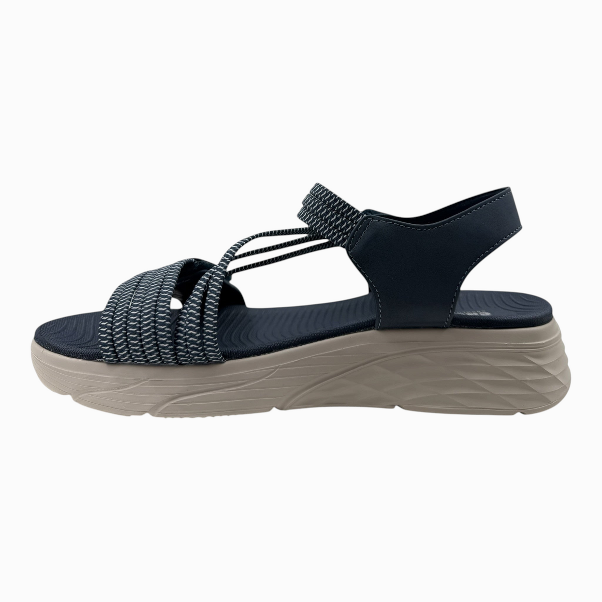 The Shoe Shop Menova navy blue sandal with elastic straps, adjustable Velcro, and a lightweight molded EVA sole.