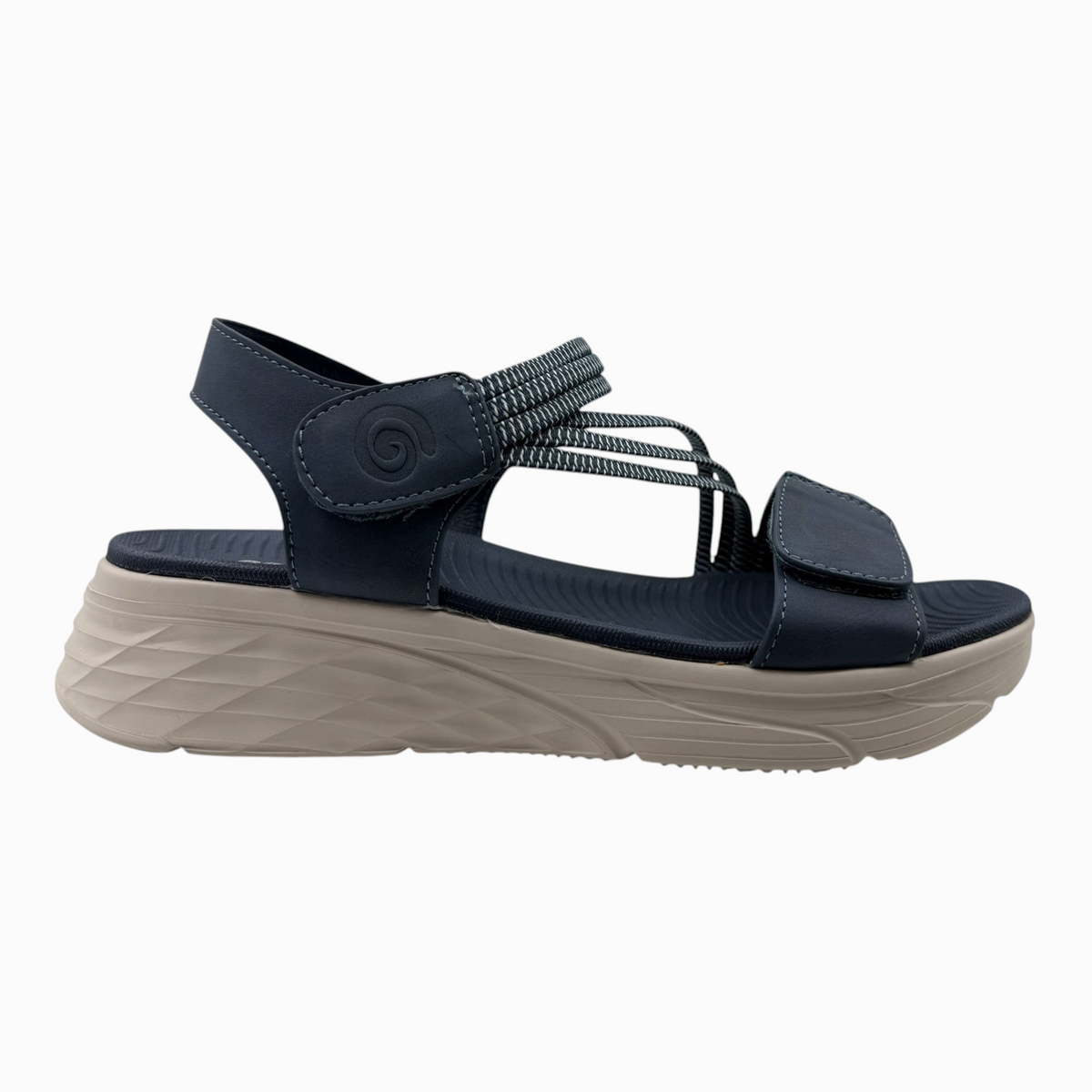 The Shoe Shop Menova navy blue sandal with elastic straps, adjustable Velcro, and a lightweight molded EVA sole.