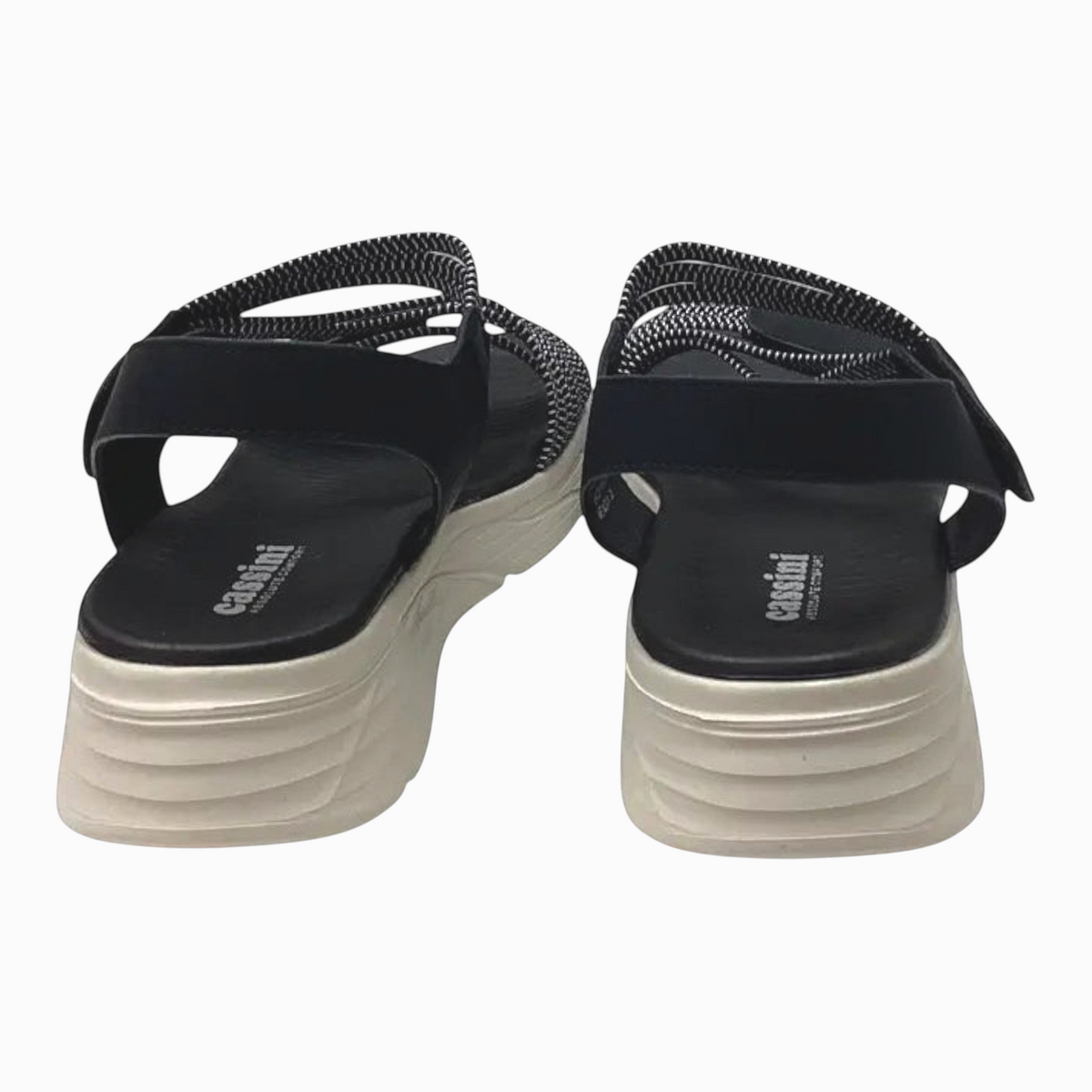 The Shoe Shop Menova black and white elastic strap sandals with a comfortable moulded EVA platform sole
