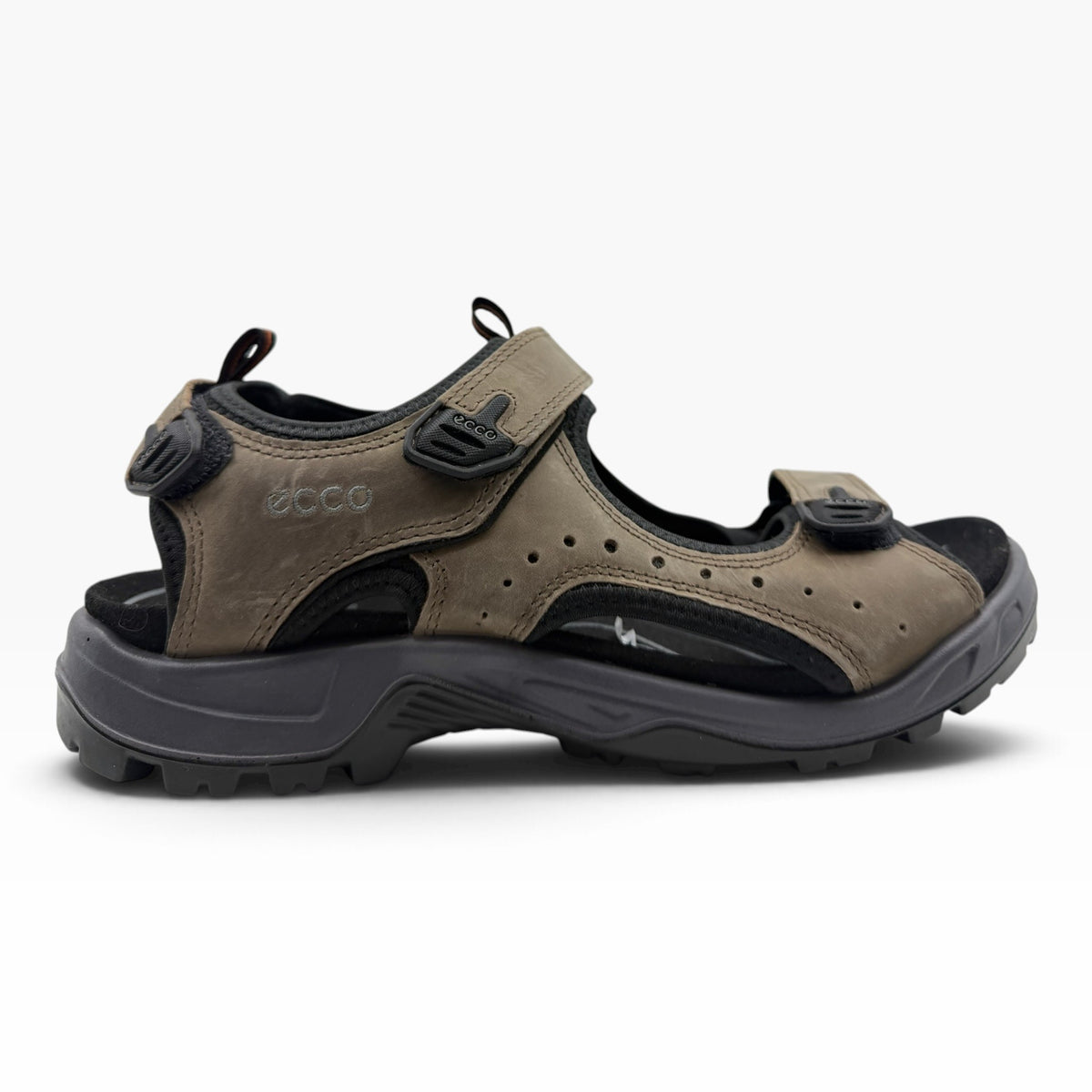 The Shoe Shop mens brown leather nubuck outdoor sandal with adjustable straps and a durable rubber traction sole.