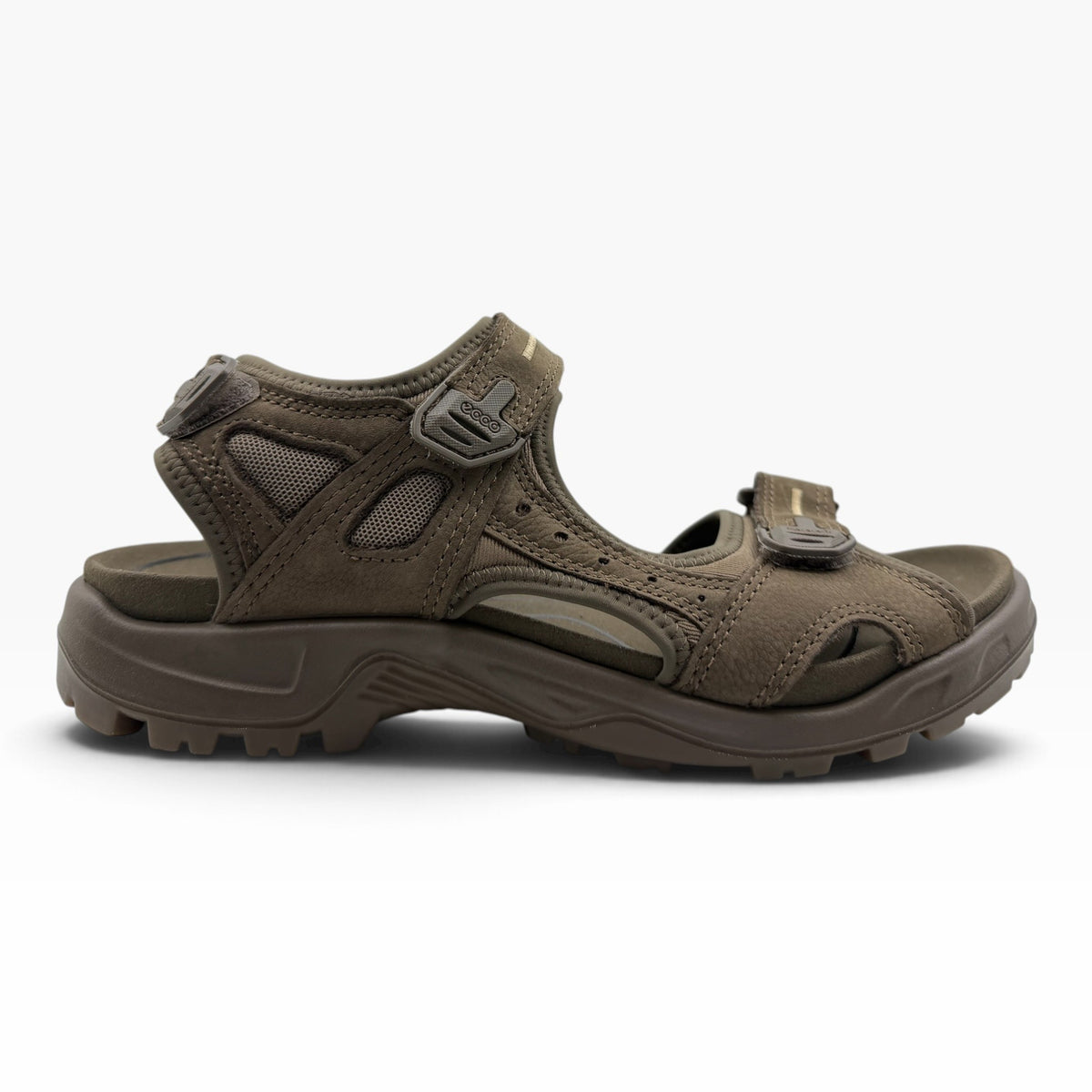 The Shoe Shop dark clay  leather nubuck outdoor sandal with three adjustable straps and a moulded EVA footbed.