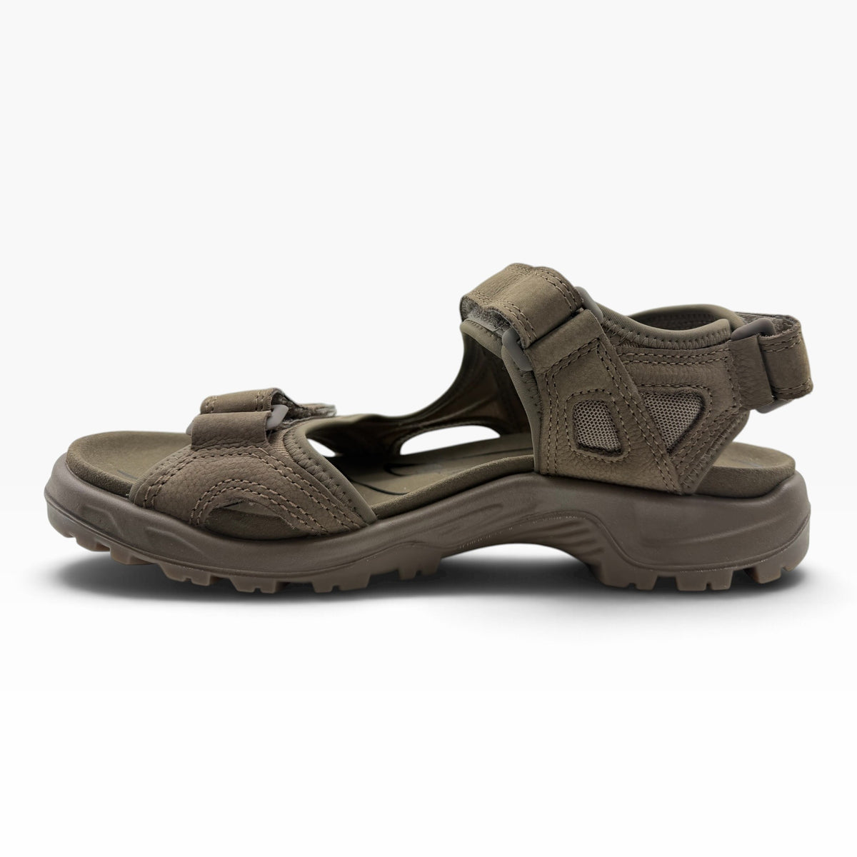 The Shoe Shop mens dark clay  nubuck leather outdoor sandal with three adjustable straps and a durable rubber outsole.