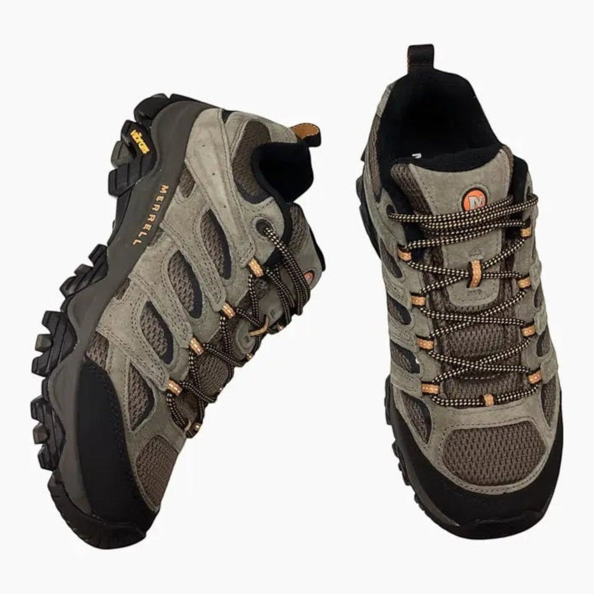 The Shoe Shop Merrell Moab 3 hiking shoes in olive green leather and mesh with Vibram outsoles and lace-up closure.