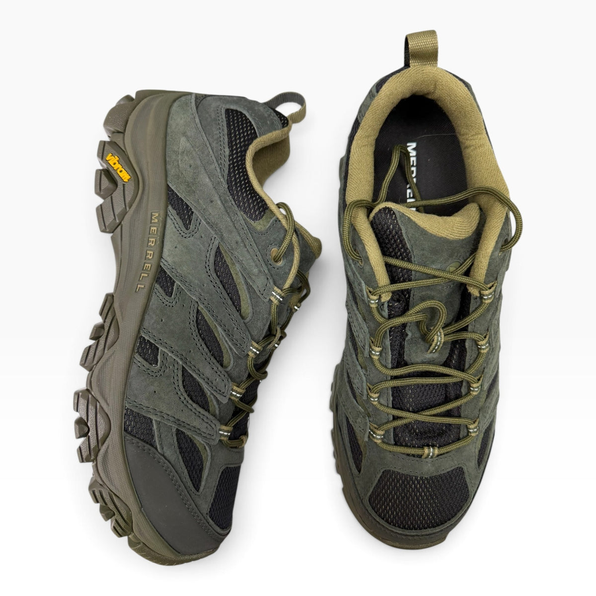 The Shoe Shop Merrell Moab 3 wide fit hiking shoes in olive green leather and mesh with Vibram outsoles