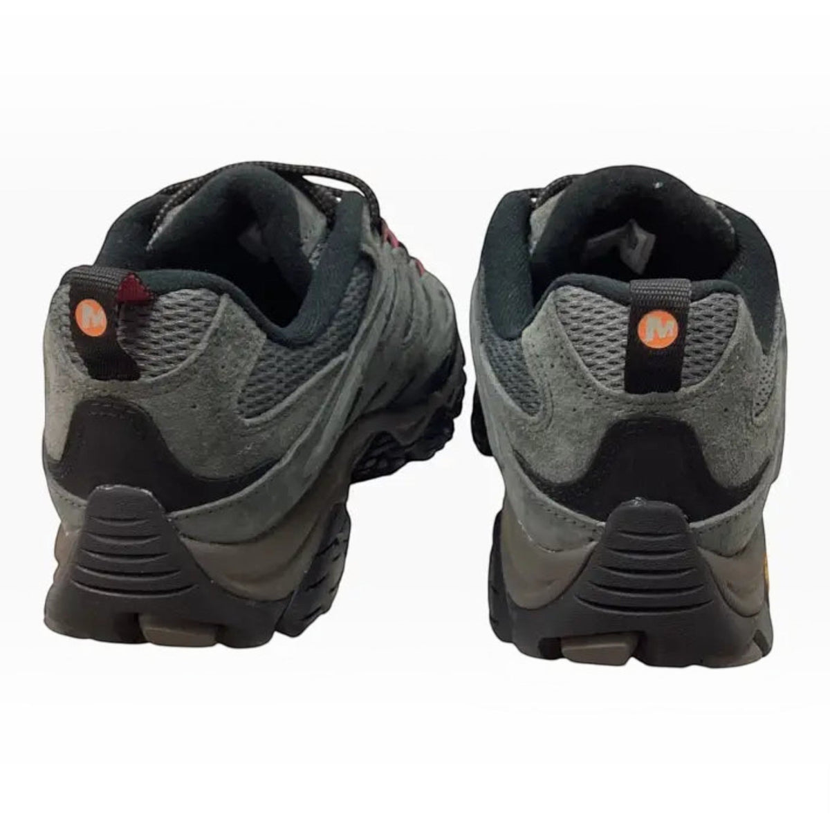 The Shoe Shop Merrell Moab 3 wide fit hiking shoes in grey suede and mesh, showing rear view with heel support.