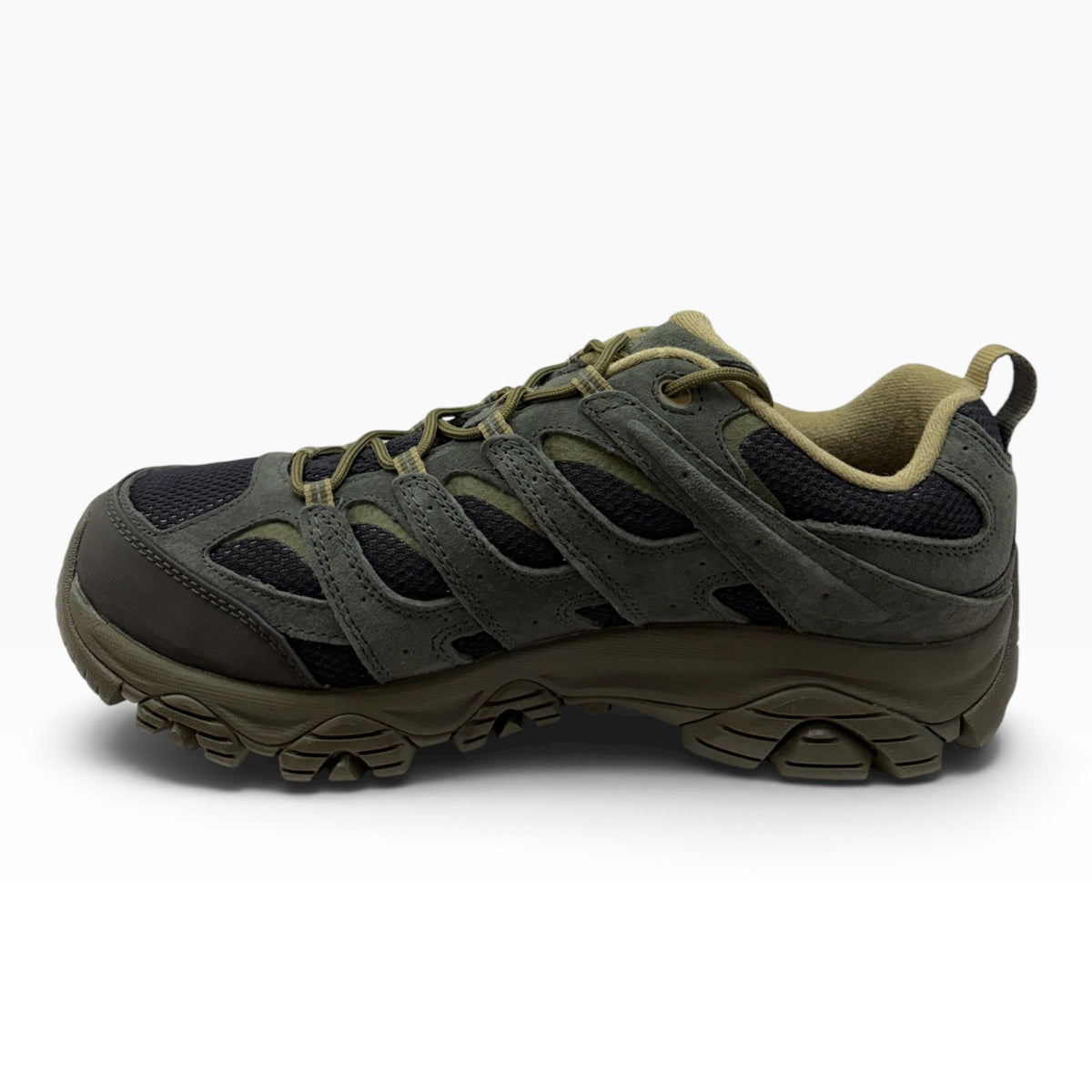 The Shoe Shop Merrell Moab 3 wide fit hiking shoe in olive green leather and mesh with a rugged Vibram outsole.