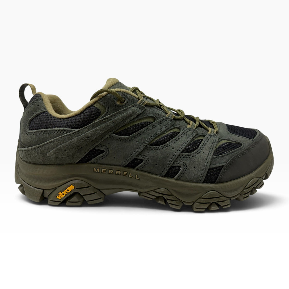 The Shoe Shop Merrell Moab 3 wide fit hiking shoe in olive green leather and mesh with a durable Vibram outsole.