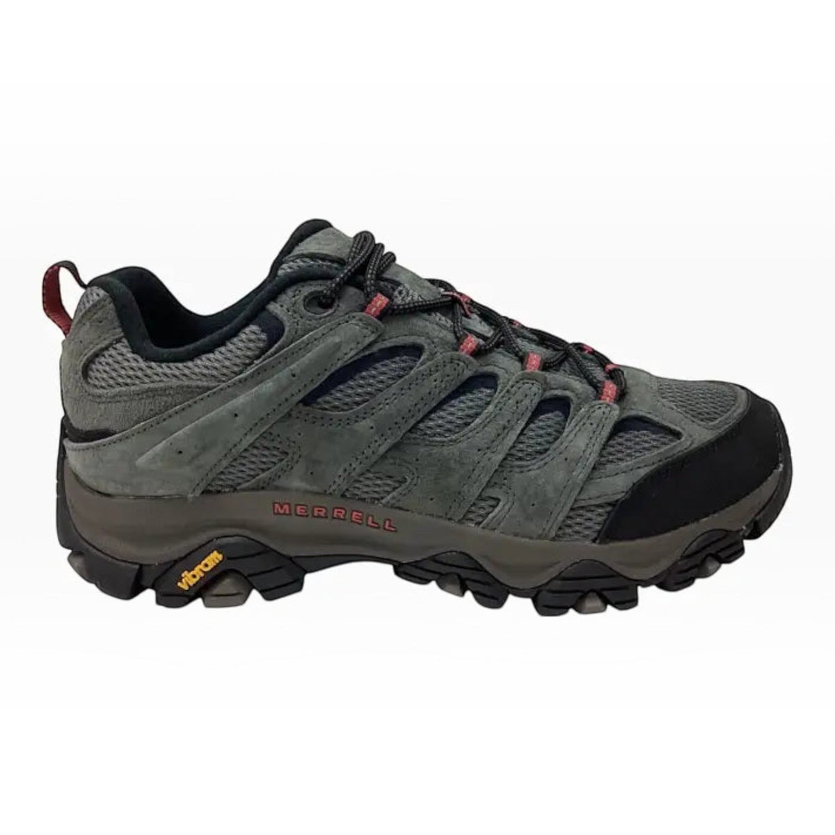 The Shoe Shop Merrell Moab 3 wide fit hiking shoe in grey suede and mesh with a durable Vibram outsole.
