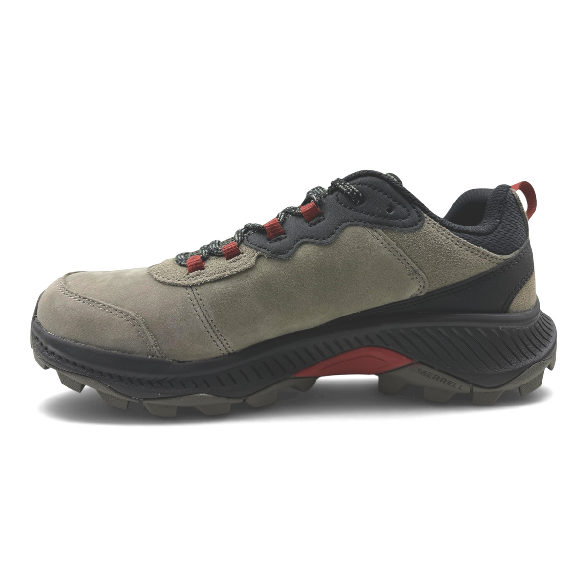 The Shoe Shop Merrell Speed Strike 2 grey leather and suede hiking shoe with black accents and a grippy rubber sole.