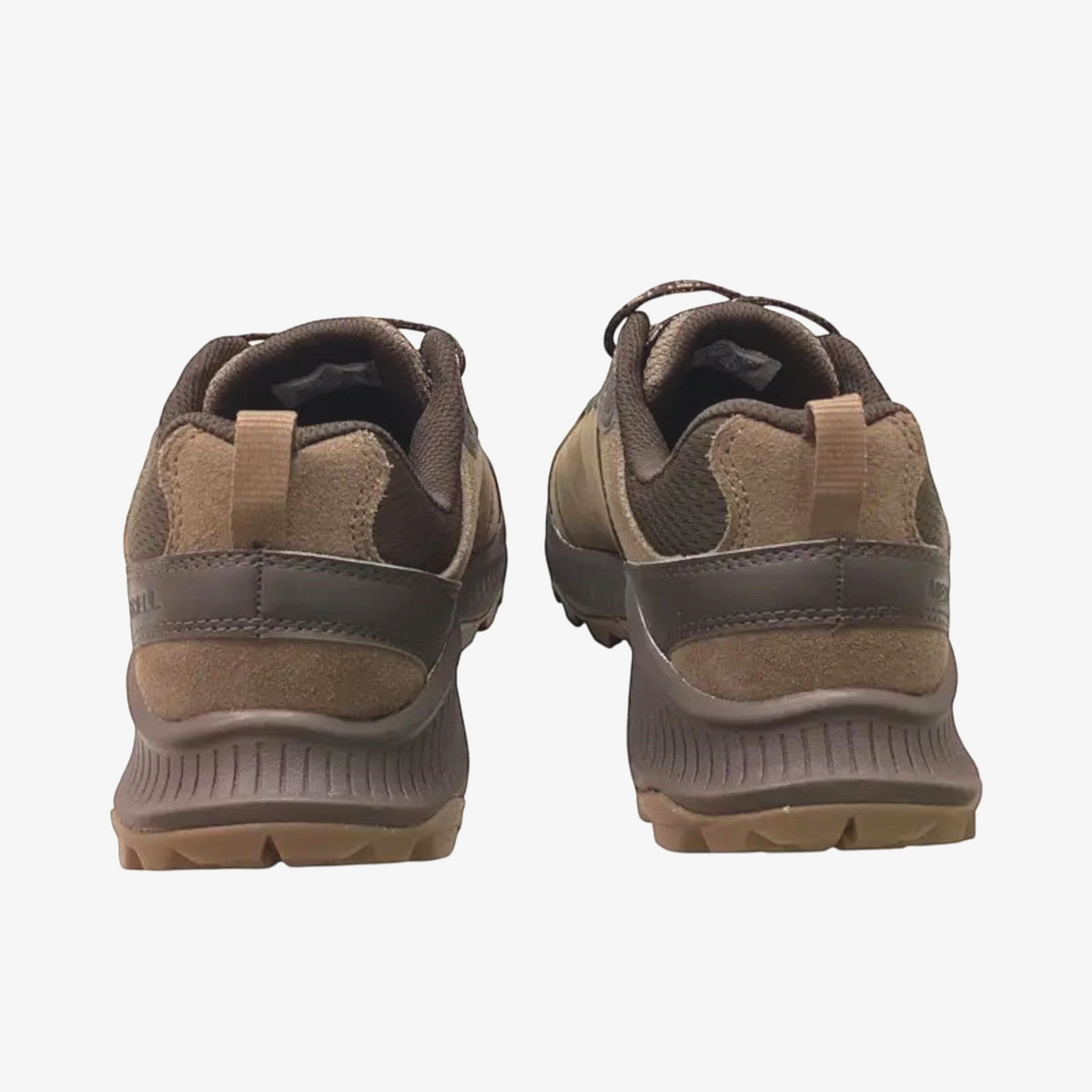 The Shoe Shop Merrell Speed Strike 2 leather hiking shoes in brown, showing the rear view with padded collars.