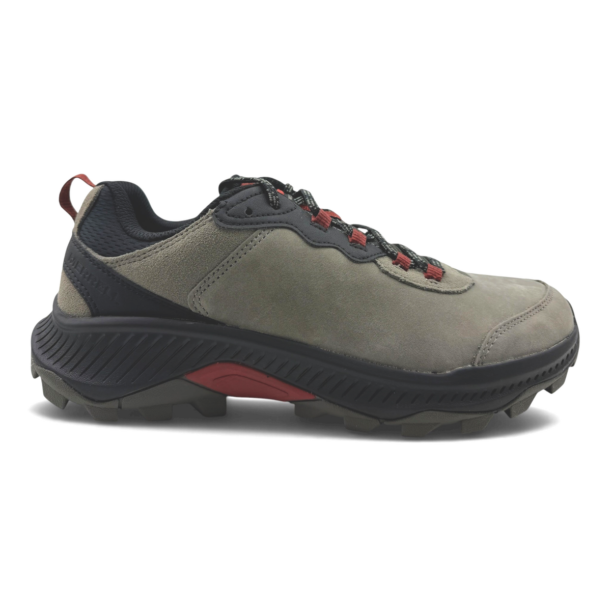 The Shoe Shop Merrell Speed Strike 2 grey leather and suede hiking shoe with a rugged rubber outsole and red accents.