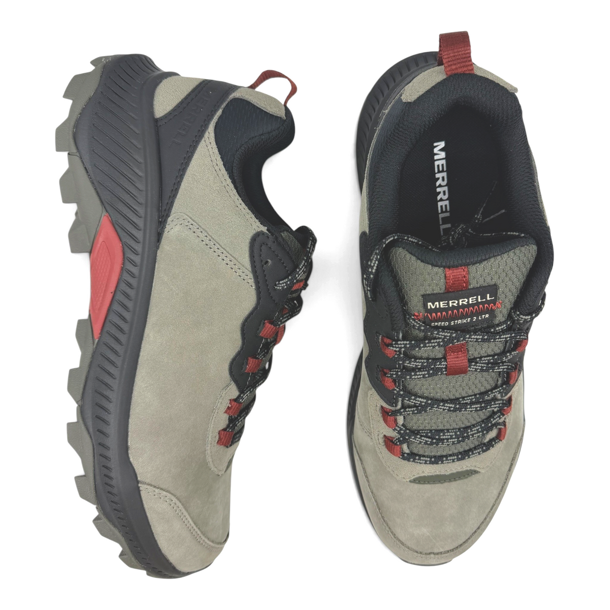 The Shoe Shop Merrell Speed Strike 2 leather hiking shoes in olive green and black with red accents and grippy soles.