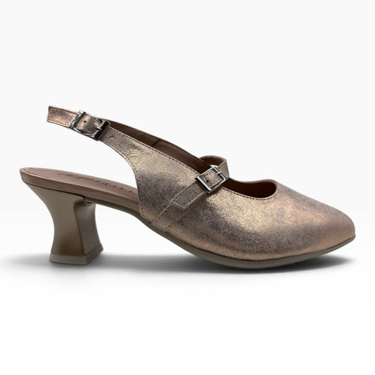 The Shoe Shop 11183 Pitillos metallic leather slingback heels with almond toe, block heel, and adjustable straps.