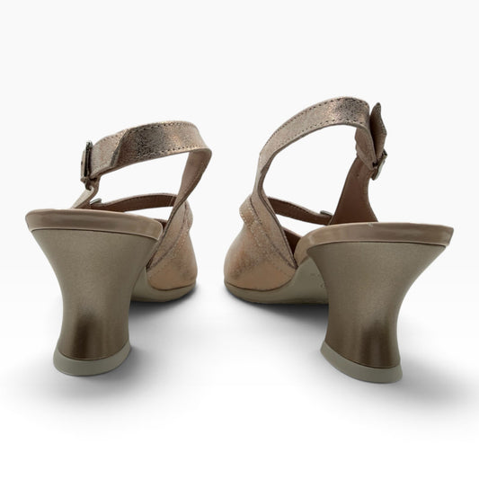 The Shoe Shop 11183 Pitillos metallic leather slingback heels with a mid-height block heel and adjustable straps.