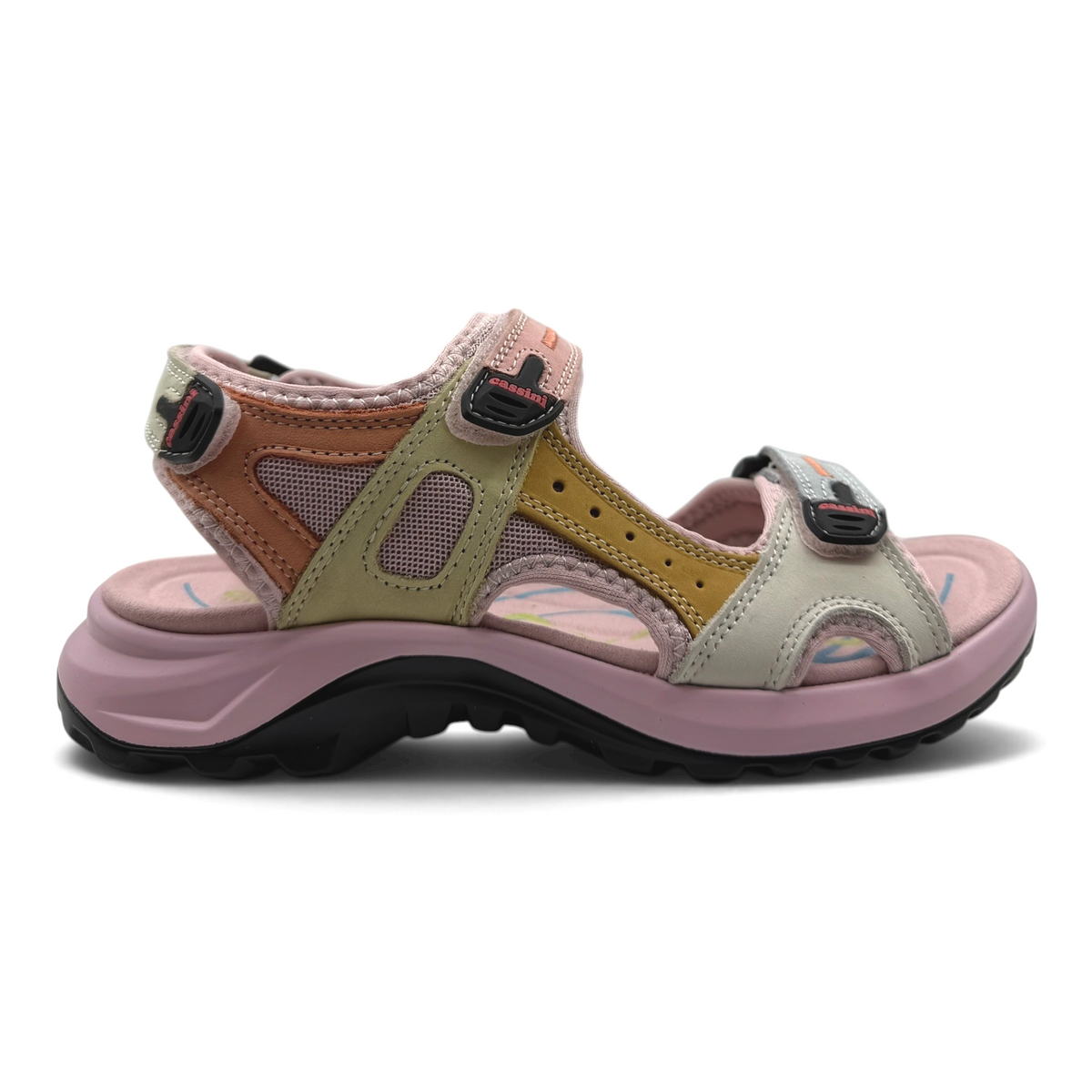 The Shoe Shop Miabelle multi-colored sporty sandal with mesh panels, padded straps, and adjustable hook-and-loop closure
