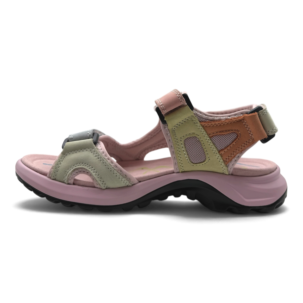 The Shoe Shop Miabelle multi-colored sporty sandal with mesh panels, padded straps, and adjustable hook-and-loop closure