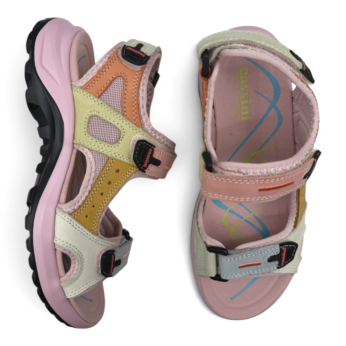 The Shoe Shop Miabelle multi-colored sporty sandals with mesh panels, three adjustable straps, and cushioned footbed.