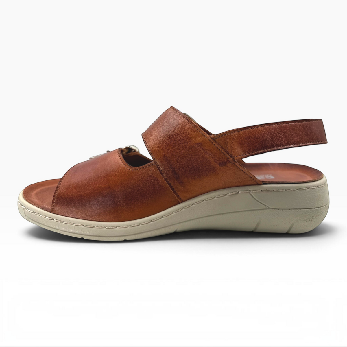 The Shoe Shop Midge brown leather slingback sandal with a comfortable cushioned sole, side view.