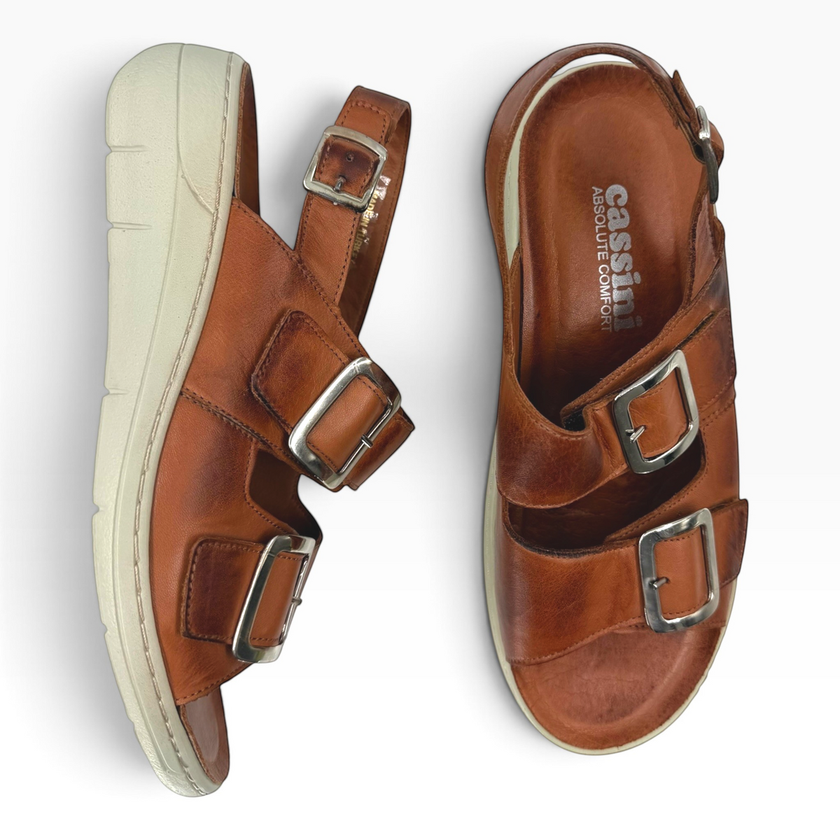 The Shoe Shop Midge brown leather sandals with double buckle straps and a comfortable beige platform sole