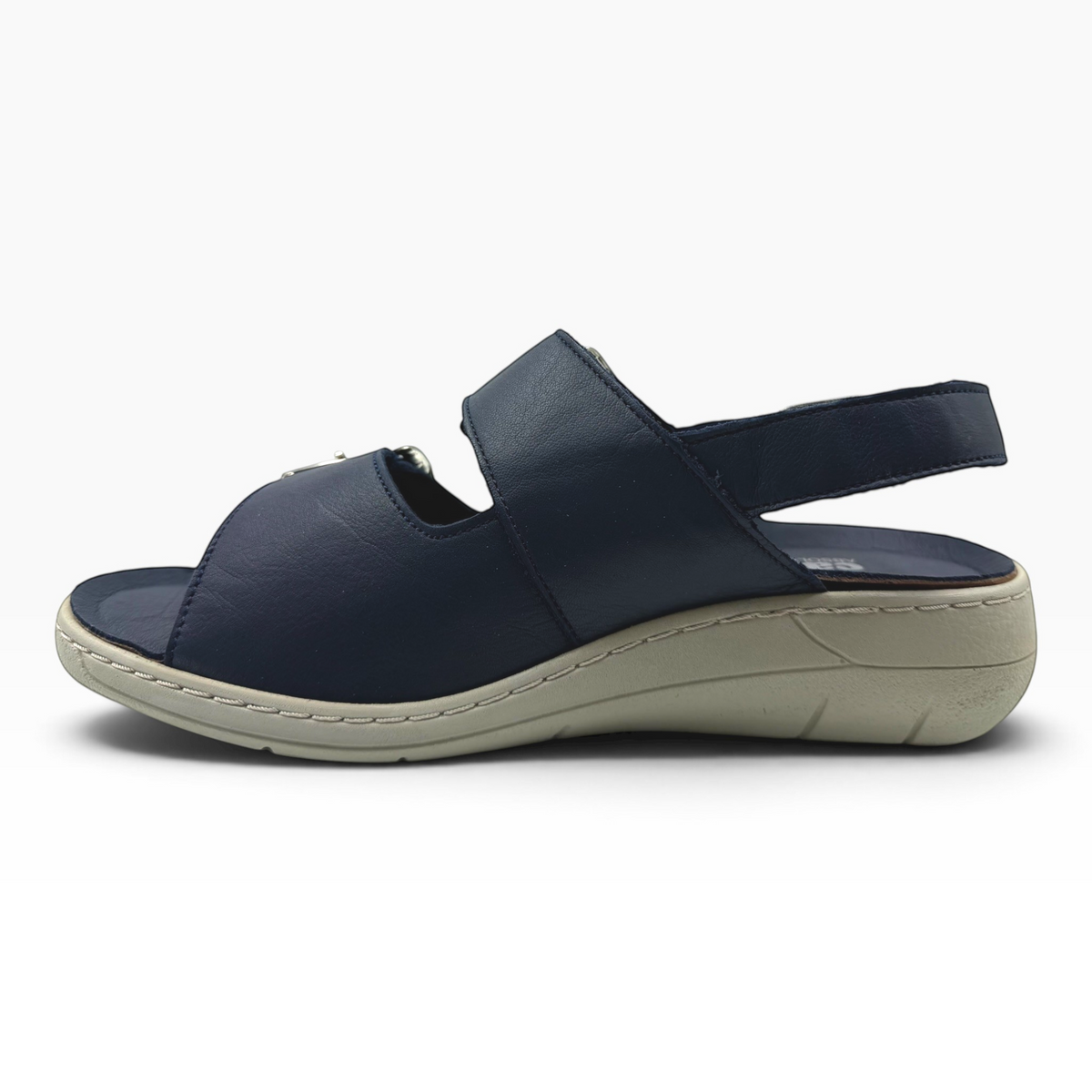 The Shoe Shop Midge navy blue leather comfort sandal with a supportive wedge sole and adjustable strap
