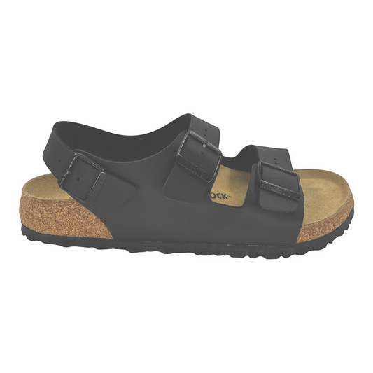 The Shoe Shop Milano black Birko-Flor sandals with adjustable straps, back-strap, and cork-latex footbed