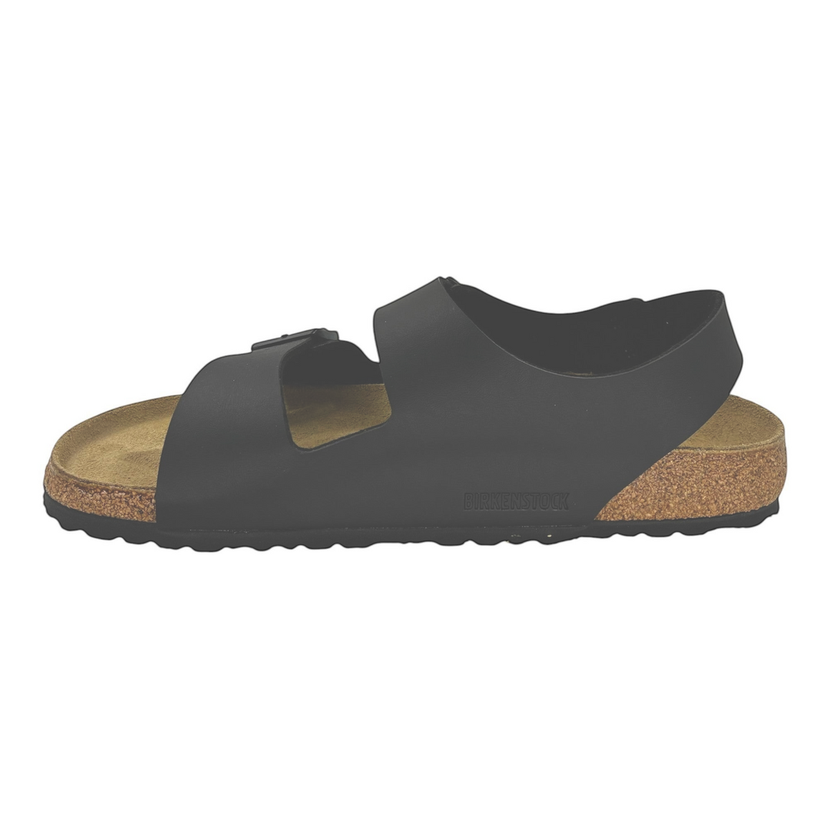 The Shoe Shop Milano black Birko-Flor sandal with back-strap, cork-latex footbed, and adjustable buckle side view