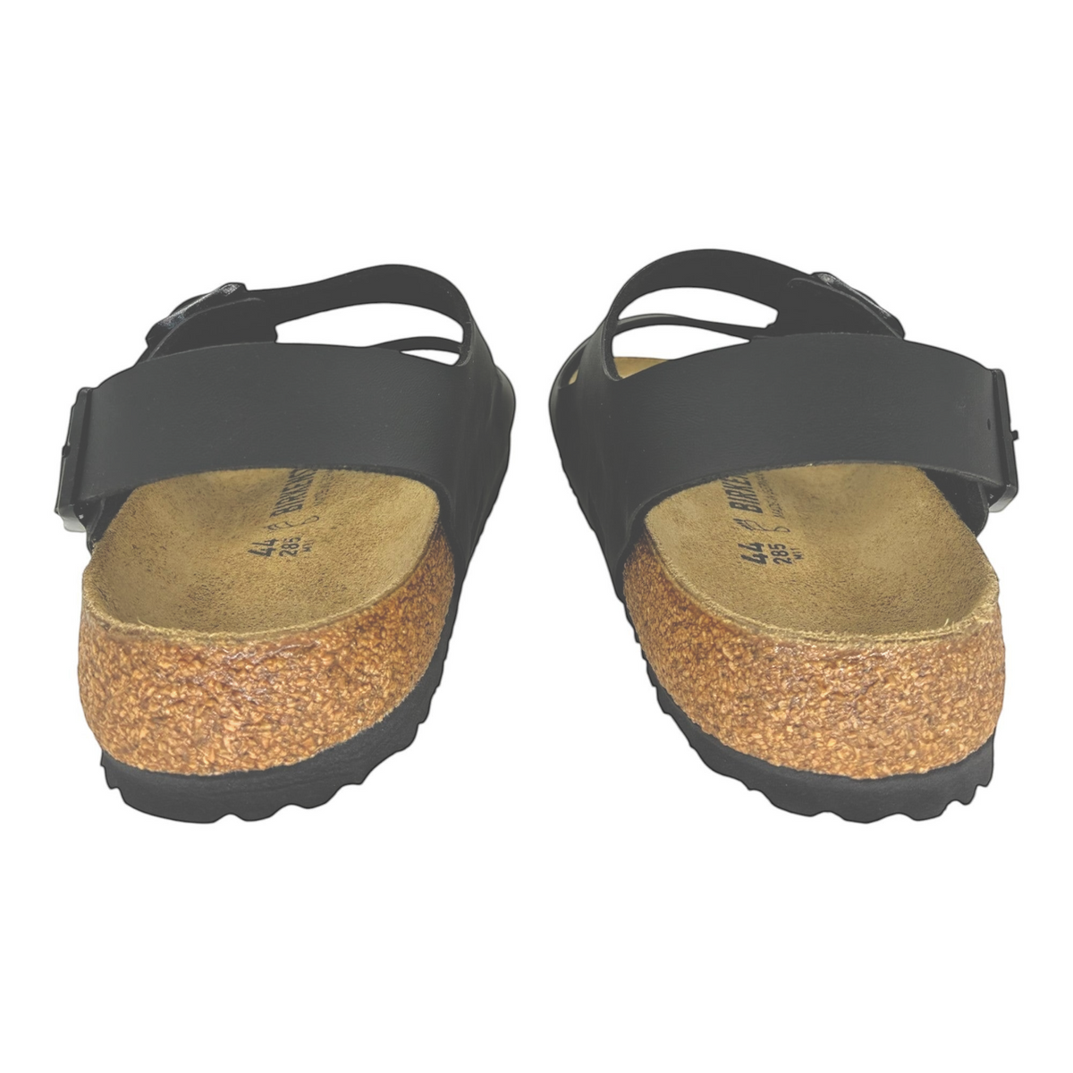The Shoe Shop Milano Birko-Flor sandals in black with a cork-latex footbed and back-strap for stability.