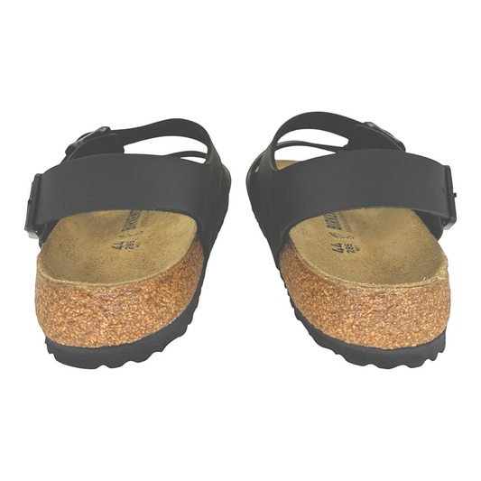The Shoe Shop Milano Birko-Flor sandals in black with a cork-latex footbed and back-strap for stability.