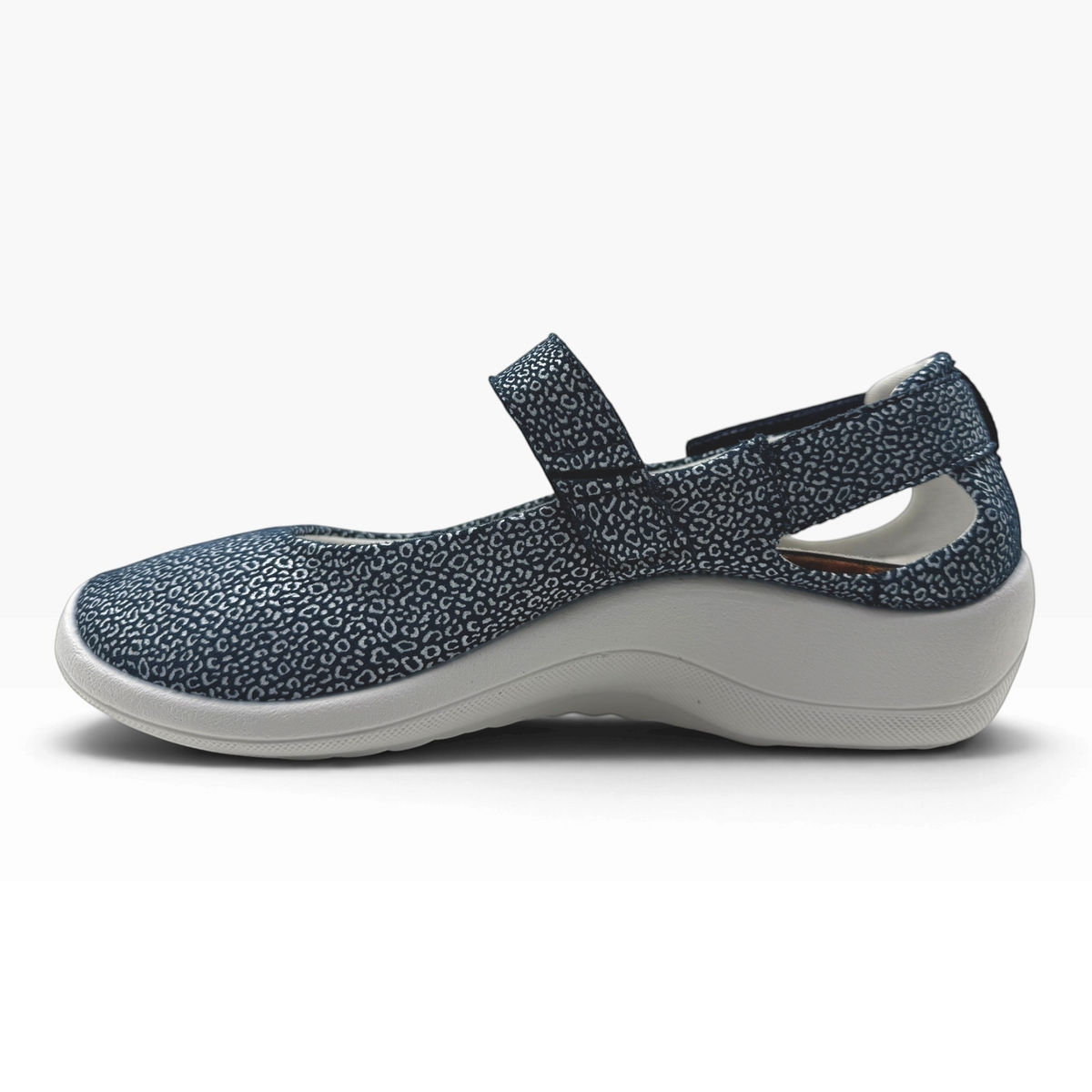 The Shoe Shop Minami navy blue leopard print Mary Jane shoe with a comfortable white cushioned sole