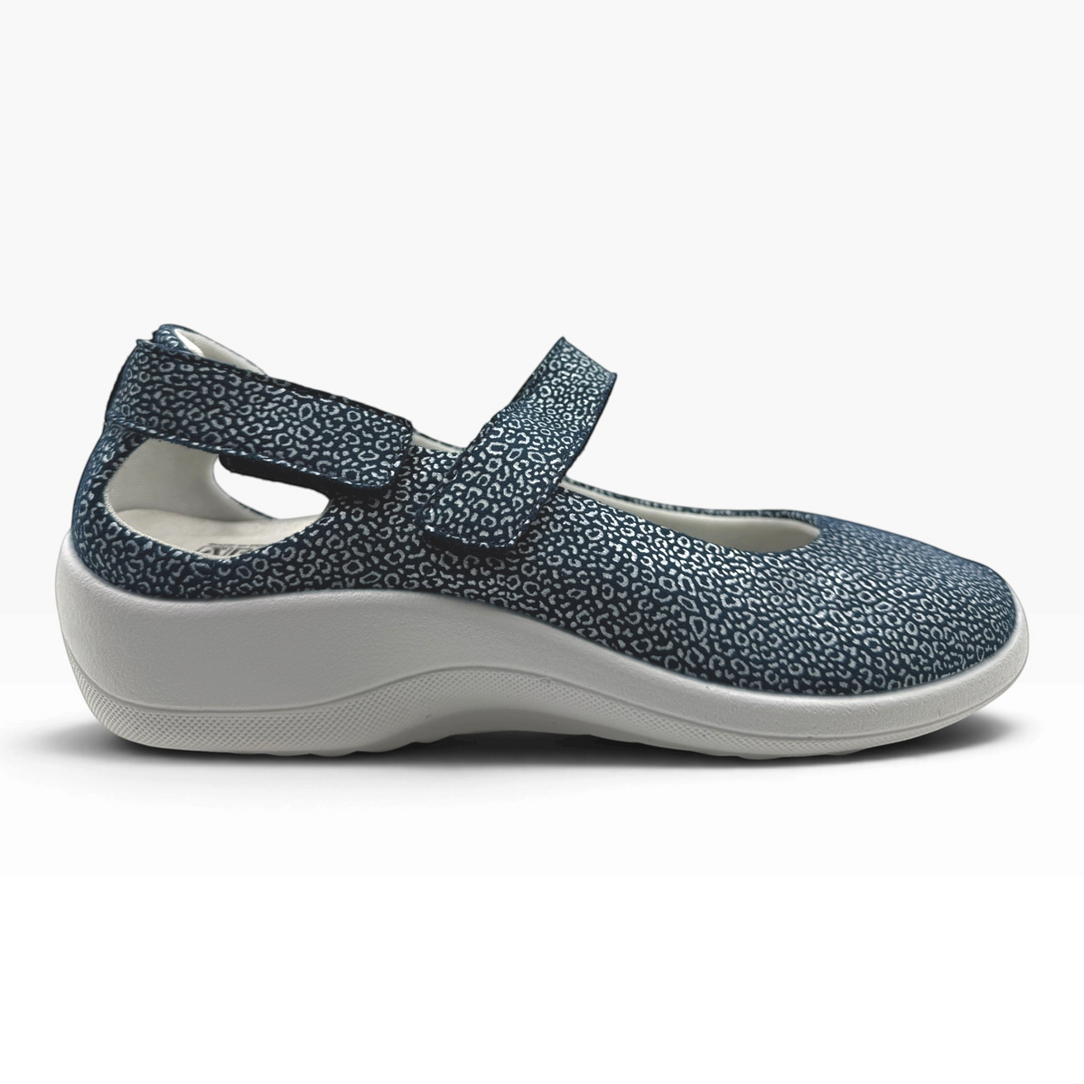 The Shoe Shop Minami navy blue patterned mary jane shoe with a velcro strap and white cushioned sole