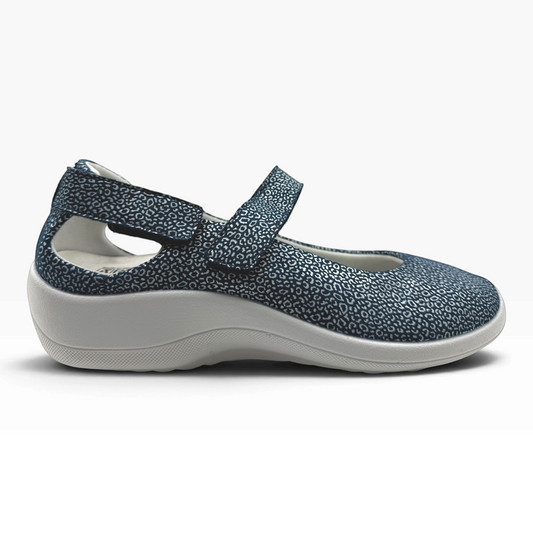 The Shoe Shop Minami navy blue patterned mary jane shoe with a velcro strap and white cushioned sole