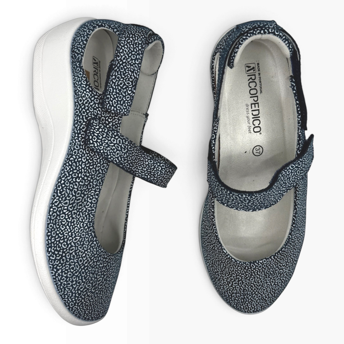 The Shoe Shop Minami navy and white patterned mary jane shoes with a white cushioned sole