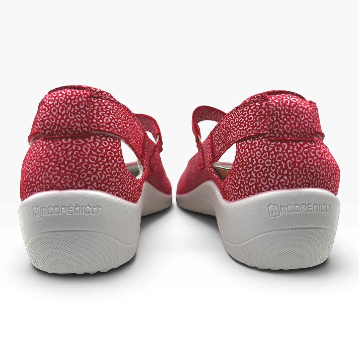 The Shoe Shop Minami red leopard print Mary Jane comfort shoes with lightweight wedge soles and back view.