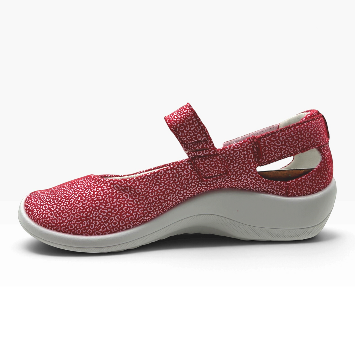 The Shoe Shop Minami red patterned Mary Jane comfort shoe with adjustable Velcro strap and lightweight wedge sole