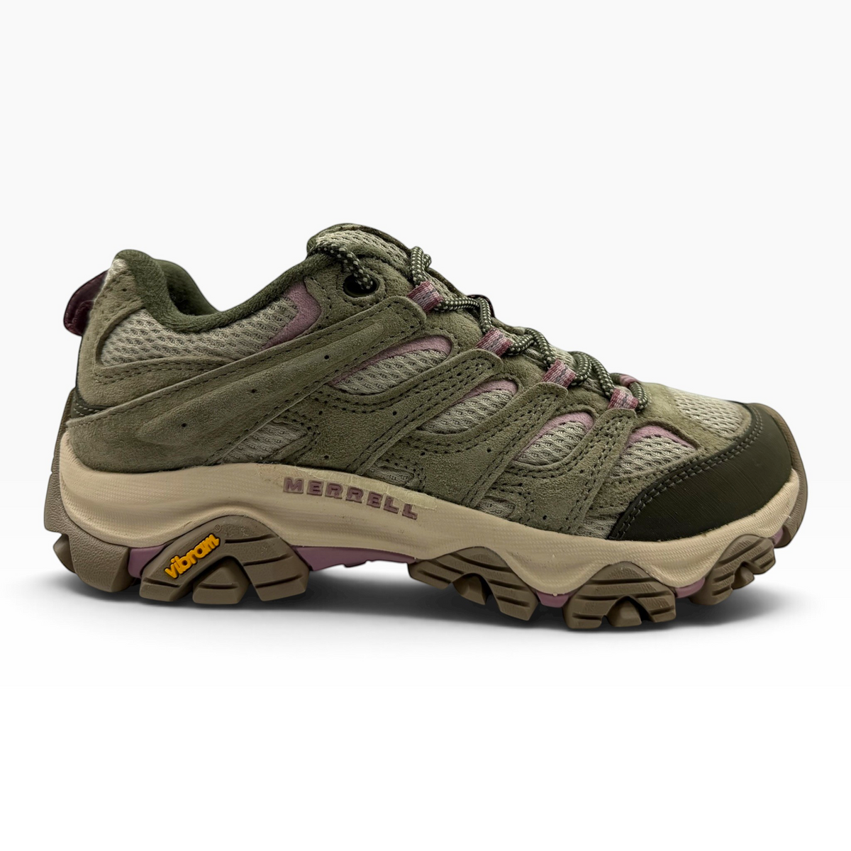 The Shoe Shop Moab 3 womens hiking shoe in olivine suede and mesh with a durable Vibram rubber sole