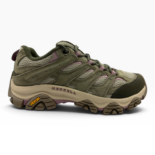 The Shoe Shop Moab 3 womens hiking shoe in olivine suede and mesh with a durable Vibram rubber sole