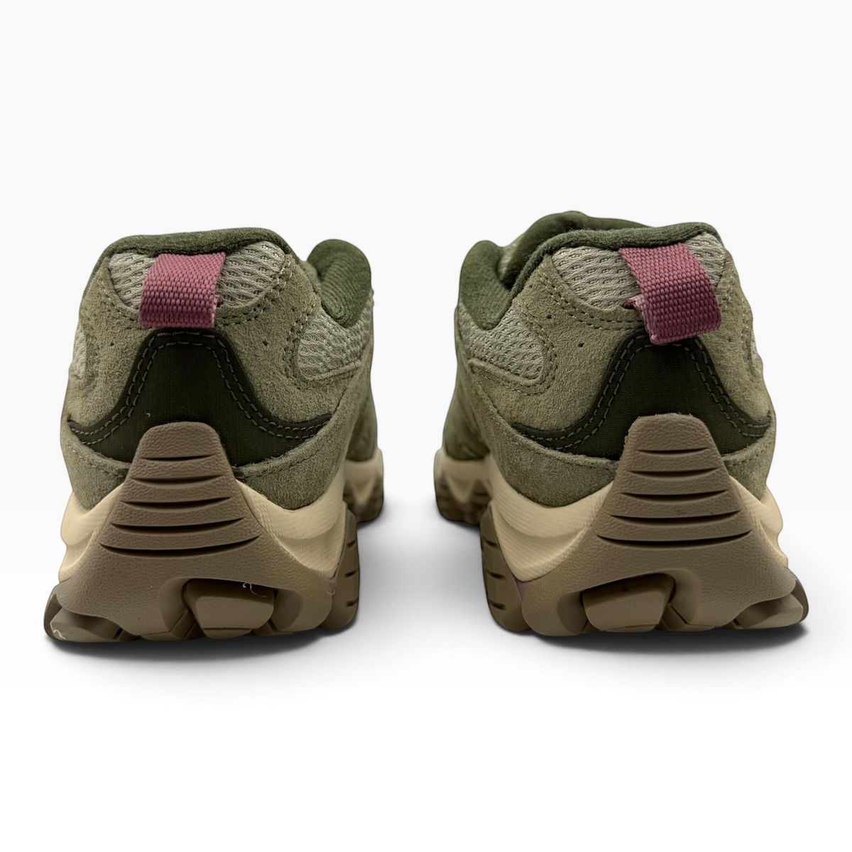 Back view of The Shoe Shop Moab 3 Womens hiking shoes in olivine suede and mesh with purple heel pull tabs