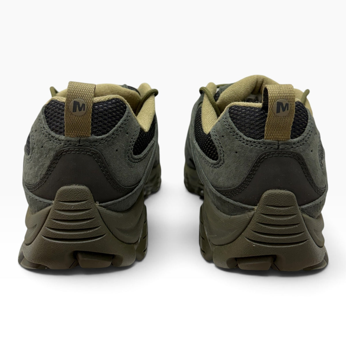 The Shoe Shop Merrell Moab 3 wide fit hiking shoes in olive green leather and mesh, viewed from the back.