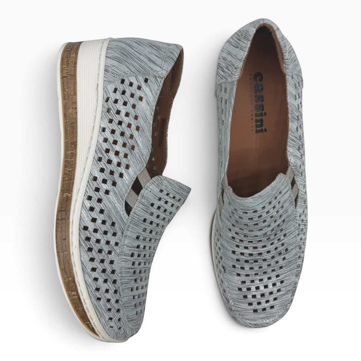 The Shoe Shop Monkey casual slip-on shoes in grey with a laser-cut patterned upper and a low-profile cork-look sole.