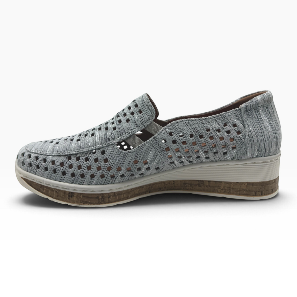 The Shoe Shop Monkey casual slip-on shoe in grey with a laser-cut patterned upper and a textured cork-look sole.