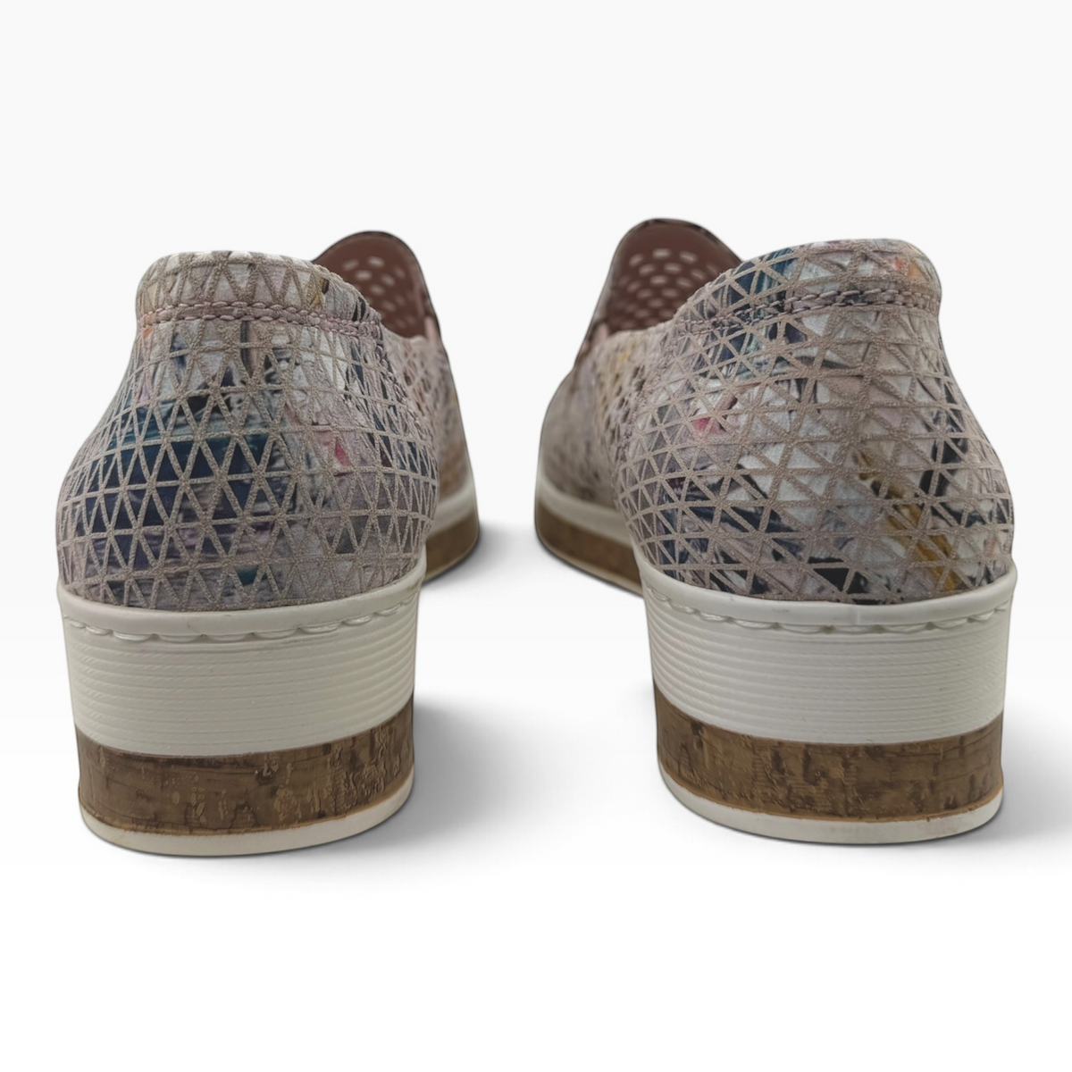 The Shoe Shop Monkey casual shoes featuring a cream zig zag patterned upper and a low-profile cork-look sole.