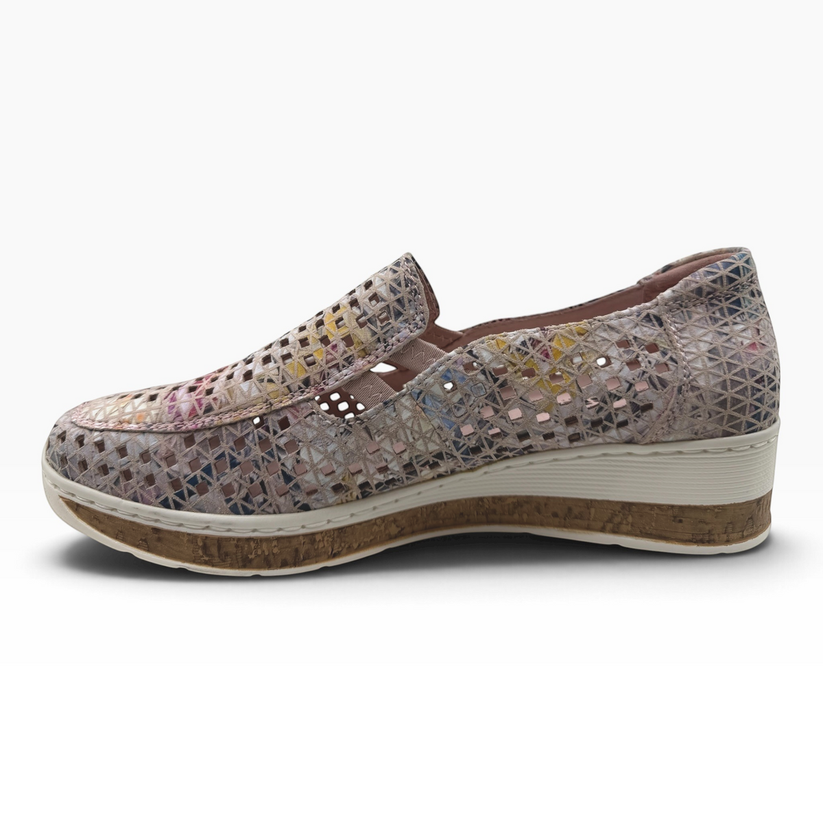The Shoe Shop Monkey casual slip-on shoe with a beige patterned laser-cut upper and a comfortable cork-look sole.